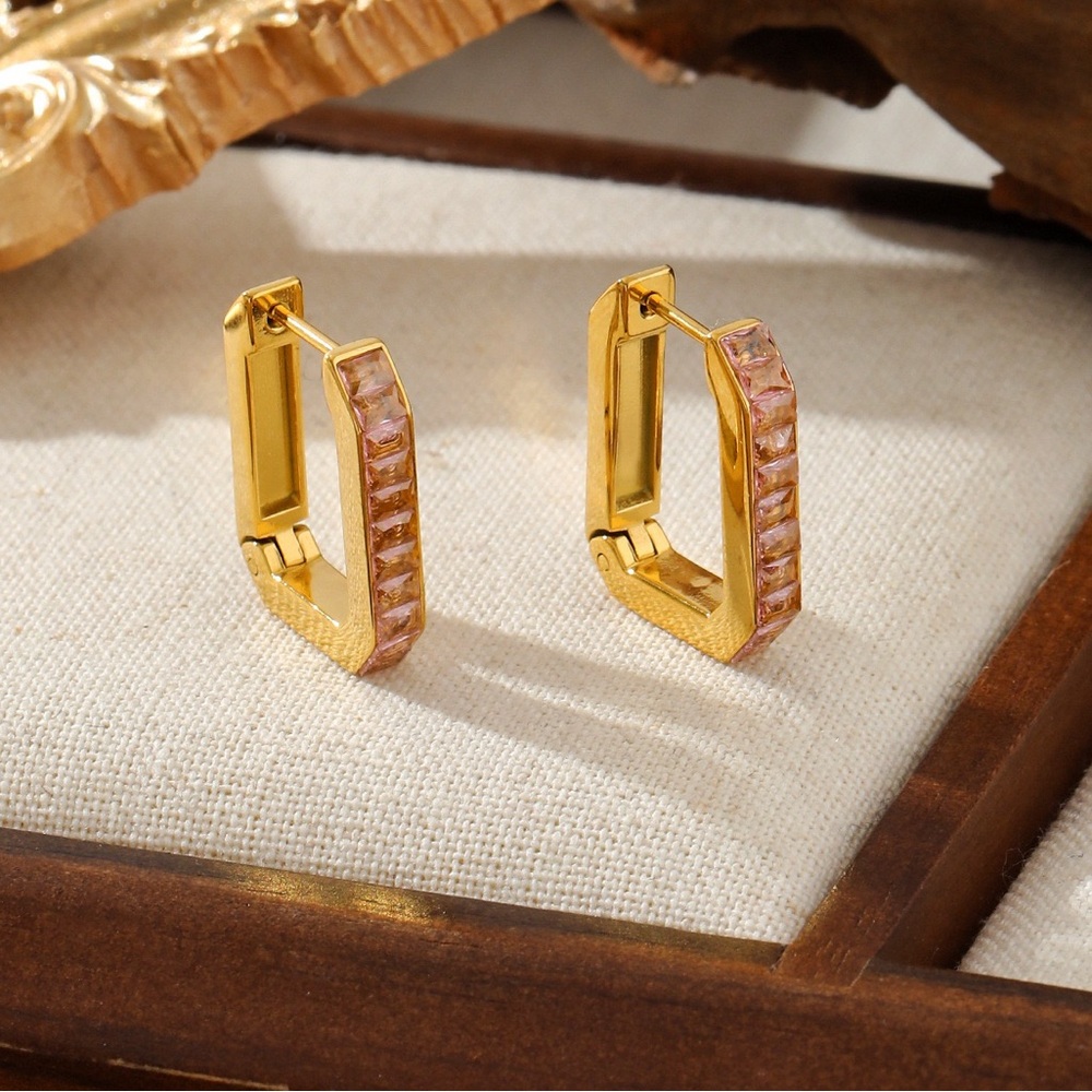 18K Gold Plated Hoop Earrings*Huggie*Simulated Pink Sapphire*Pink Zircon*ZX